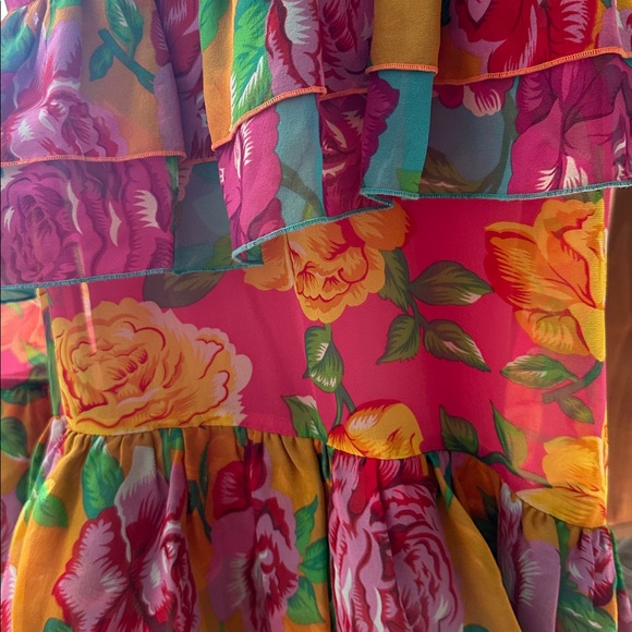 Betsey Johnson NWT Rare Vintage Silk Pink Yellow Roses Tiered Ruffle Maxi Dress - Picture 12 of 14
